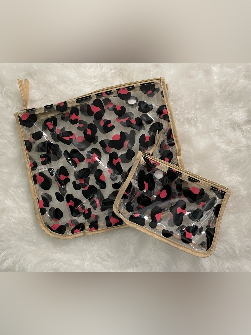 BOGG BAG Clear Leopard Print Pouch set in Black and Pink with Tan Trim